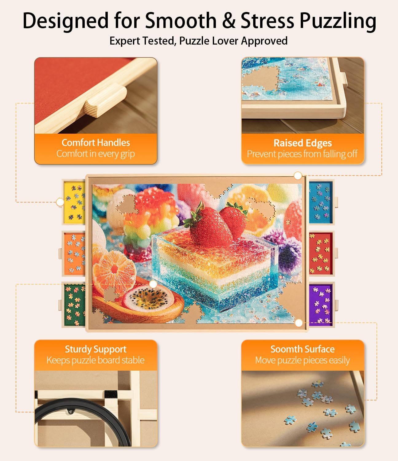 Join&Joy 2000 Piece Puzzle Board Pro, with 6 Drawers & Cover, 40" x 29", Sort-Wise Colorful Felt Drawers, Wooden Jigsaw Puzzle Board, Birthday Gifts for Mom