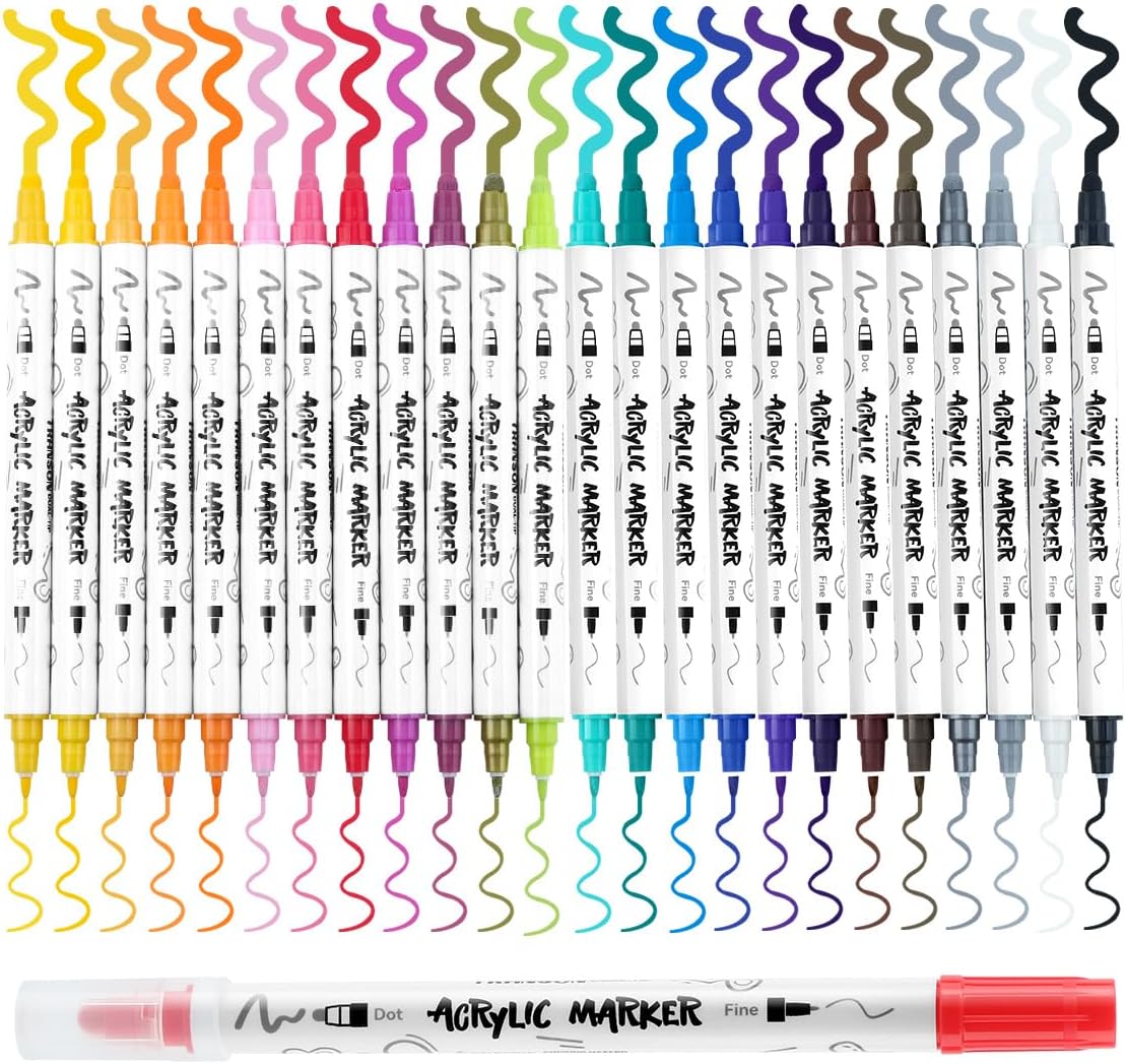 TRANSON 24 Color Bold and Fine Dual-tip Acrylic Paint Pen Set for Canvas Rock Wood Leather Ceramic DIY Painting