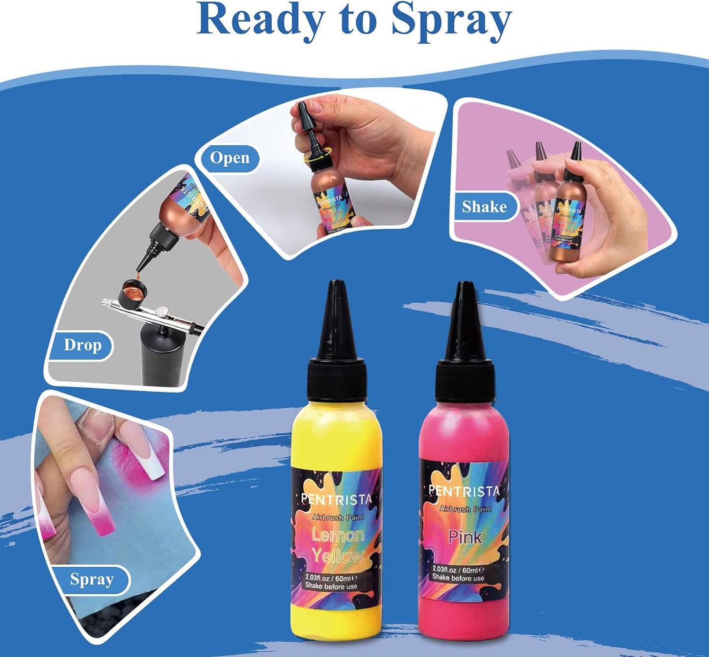 PENTRISTA Airbrush Paint Set,12 Colors(2.03oz, 60 ml) with 4.06oz Thinner,Ready to Spray Air Brush Paint,Opaque & Neon Colors, Water-Based Acrylic Airbrush Set for Nails,Models,Hobbyist and Artists