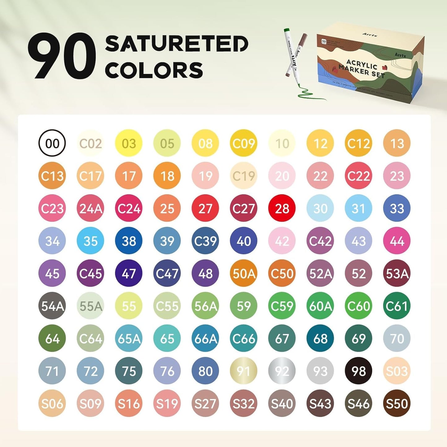 Arrtx 90 Colors Paint Markers, Acrylic Paint Pens for Artists Adults Coloring Drawing - Extra Brush Tip for Rock Painting, Wood, Canvas, DIY Crafts Making Art Supplies