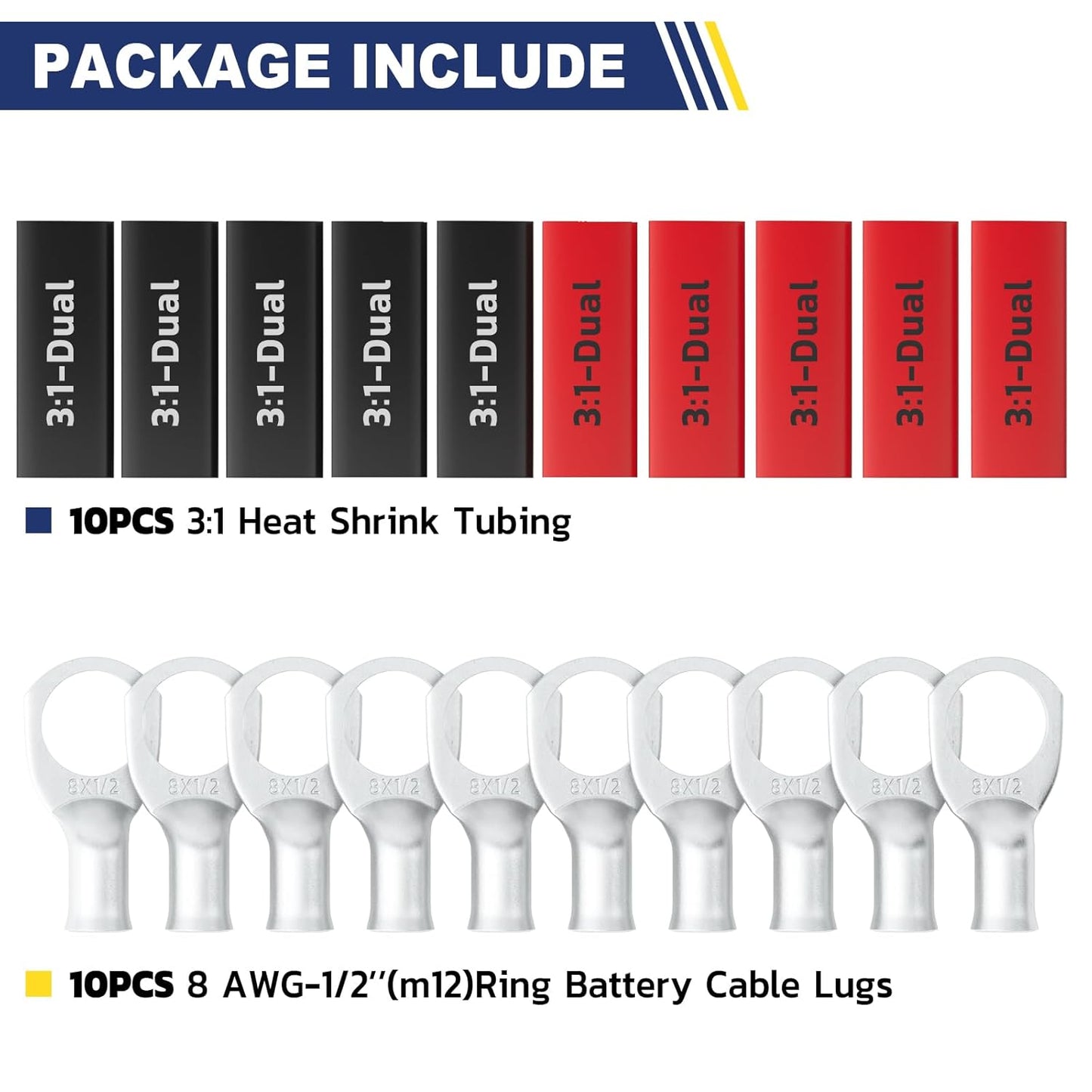 haisstronica 10pcs 8 AWG - 1/2" (M12) Tinned Copper Battery Lugs, Heavy Duty Copper Wire Lugs with 10pcs 3:1 Adhesive Heat Shrink Tubing, 8 Gauge Wire Lugs, Tinned Copper Battery Cable Ends