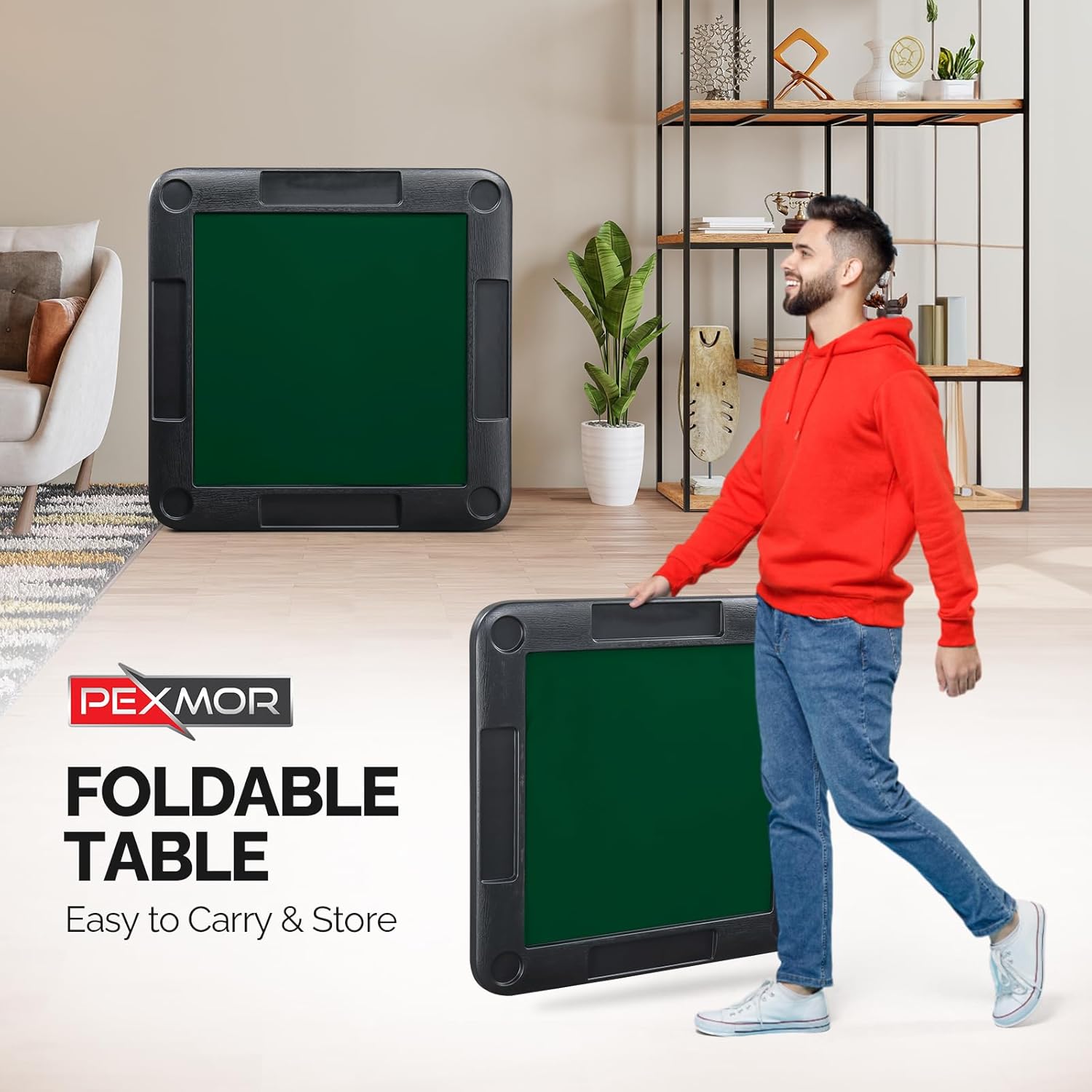 PEXMOR 39.5" Foldable Mahjong Table, Square 4 Player Card Game Table w/Cup Holders & Chip Grooves, Portable Folding Poker Domino Board Game Table for Blackjack, Texas Hold'em, Jigsaw Puzzles Game