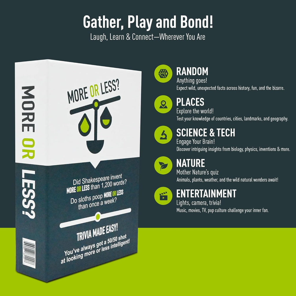 More Or Less? Trivia Card Game - Compact & Fun - Ideal for Travel, Families, Game Nights 5 Trivia Categories: Random, Places, Science & Tech, Nature and Entertainment