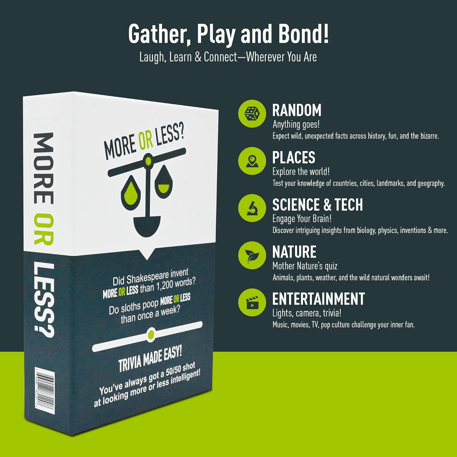 More Or Less? Trivia Card Game - Compact & Fun - Ideal for Travel, Families, Game Nights 5 Trivia Categories: Random, Places, Science & Tech, Nature and Entertainment