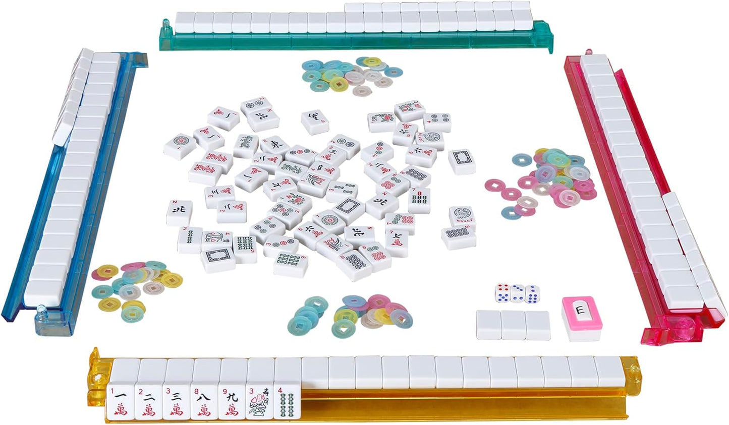 Smartxchoices 166 Tiles Mah Jongg Set American Mahjong, 4 All-in-One Mahjong Racks with Pushers, Mahjongg Game with Soft Velour Blue Bag, Western Mah Jongg Tiles