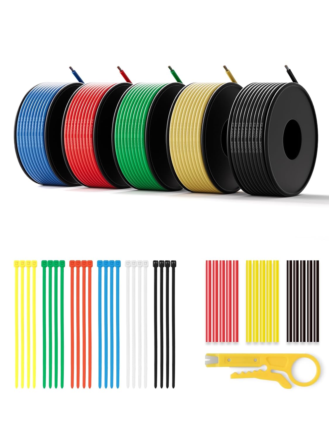 24 AWG Silicone Wire Kit 50FT, 24 Gauge Stranded Tinned Copper Wire Spool, 5 Colors 10FT Each,Flexible Electrical Wire for DIY, Automotive, LED, Arduino, Battery Projects