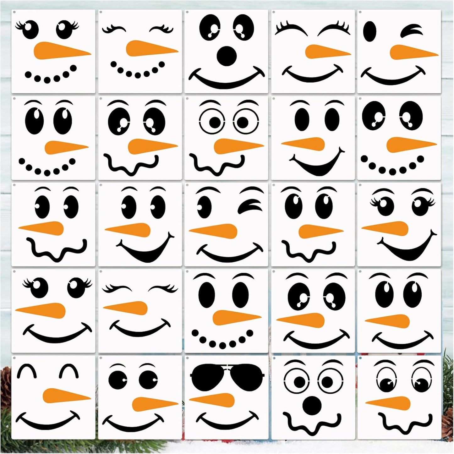 25pcs Christmas Snow Man Face Stencils for Crafts Reusable Drawing Stencil Small Ornament Stencils for Painting on Wood Christmas Balls Wall Home Decorations(25 Snowface 3in)