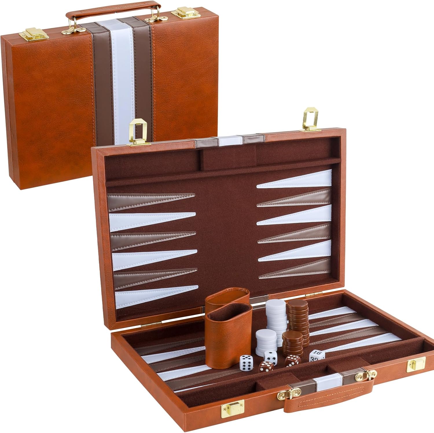 Backgammon Set 2 Players Classic Backgammon Sets for Adults Board Game with PU Leather Case Portable and Travel Backgammon Set (Brown, 15inch)