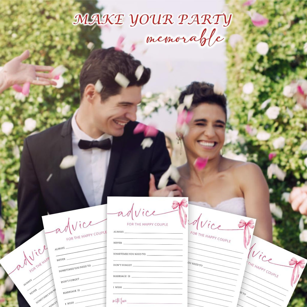 Bridal Shower Games Cards, Advice for The Happy Couple, Bridal Shower Games 25 Guests, Engagement Party Wedding Games for Guests, Pink Ribbon Bow Wedding Party Supplies - E10