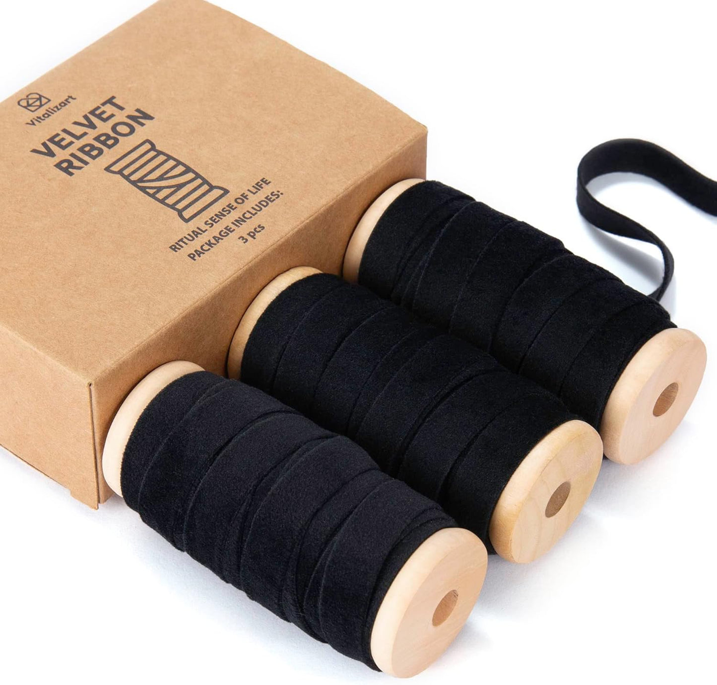 Vitalizart Black Velvet Ribbon Set 3/8" x 15 Yd Wooden Spool Fabric Trim 3 Rolls * 5 Yd for Christmas Wreath Decoration Handmade Craft Ornaments Gift Wrapping & Bow Making