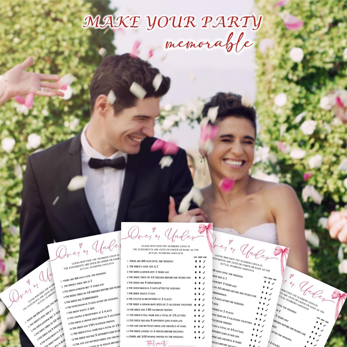 Bridal Shower Games Cards, Guess Over or Under, Bridal Shower Games 25 Guests, Engagement Party Wedding Games for Guests, Pink Ribbon Bow Wedding Party Supplies - E13