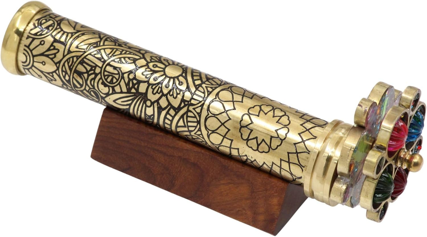 RII Handcrafted Etched Floral Pattern Lacquered Brass Kaleidoscope Includes Two Separate Turning Wheels-A Unique Gift to My Son, Grandson, Daughter. (6.5"x1")