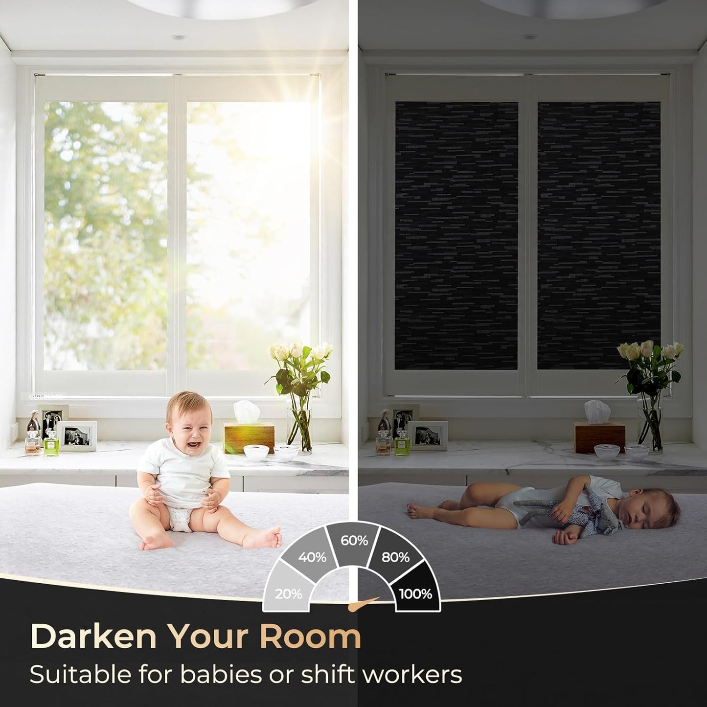 rabbitgoo Blackout Window Film, Sun Blocking Privacy Film for Room Darkening, Removable Black Out Vinyl Cover Tint for Home Day Sleep, Anti-UV Frosted Glass Clings, Black, 17.5 x 157.4 Inches