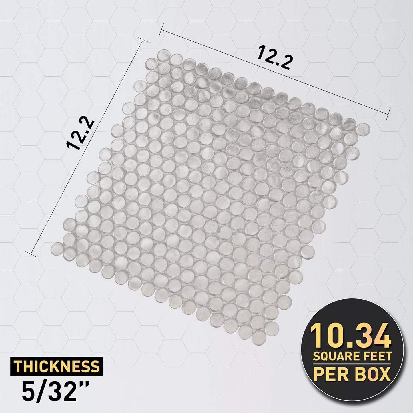 Silver Penny Round Mosaic Glass Tile – 12.2 x 12.2 Inch - 10 Sheet Pack - Luxurious Design for Bathroom Walls, Kitchen Backsplash, Shower Walls - Elegant Wall Decor - NOT Peel and Stick Tile