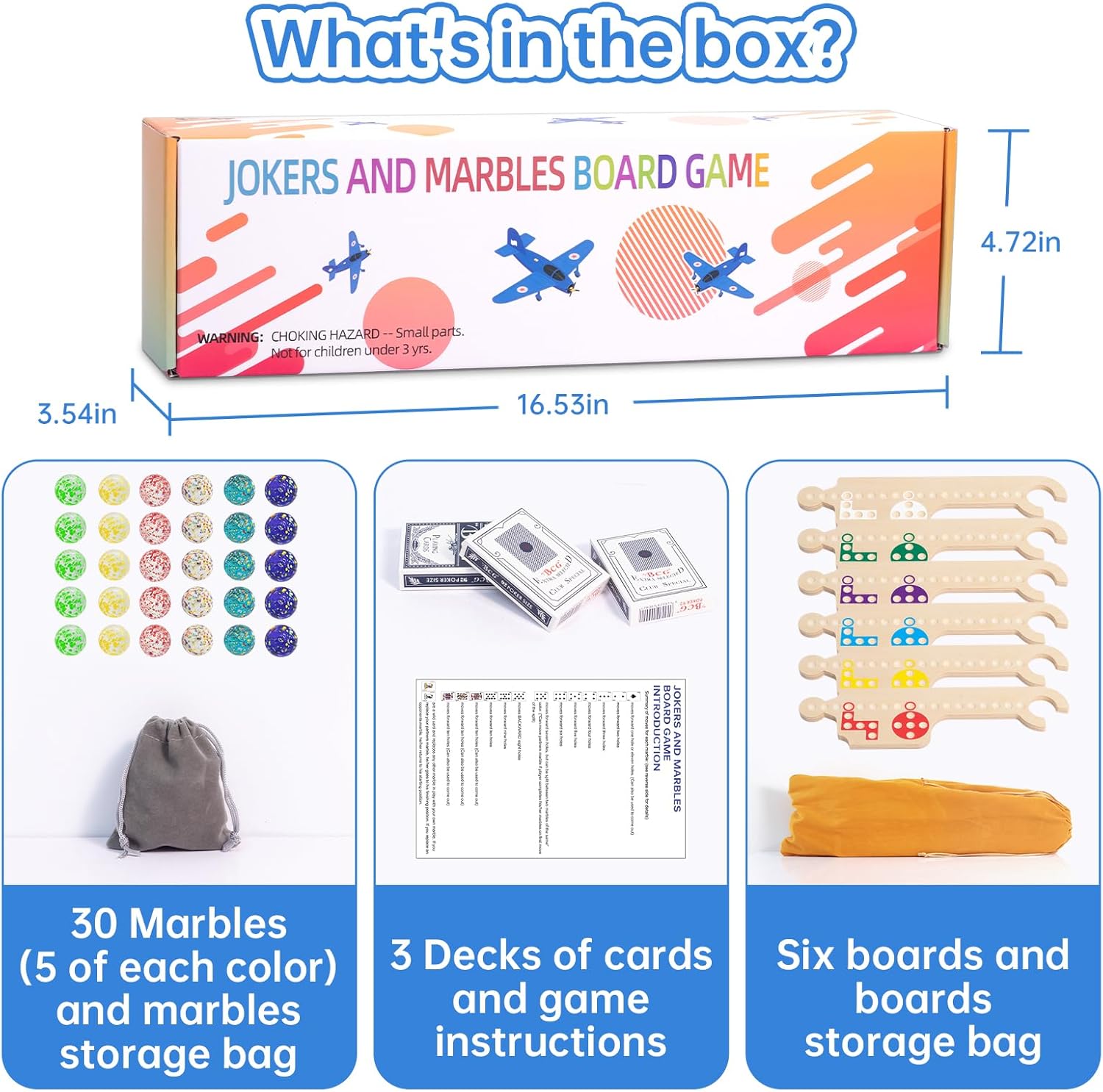 Jokers and Marbles Board Game, Wooden Marble Game for 2-6 Players, Portable Jokers Game with 30 Marbles 3 Decks of Cards 2 Storage Bags for Family Game Night and Holiday Party