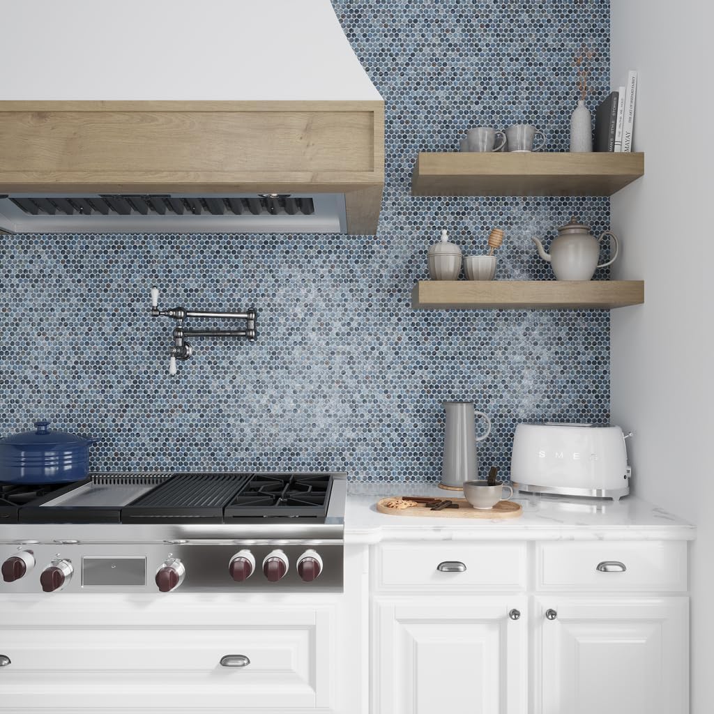 Denim Blue Penny Round Mosaic Glass Tile – 12.2 x 12.2 Inch - 10 Sheet Pack - Luxurious Design for Bathroom Walls, Kitchen Backsplash, Shower Walls - Elegant Wall Decor - NOT Peel and Stick Tile
