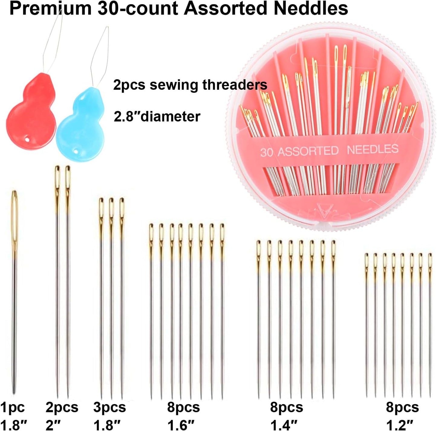 Eketirry Premium Hand Sewing Needles，2 Pack 30-Count Assorted Needles for Sewing Repair, 6 Different Sizes Sewing Needles with 2 Threaders (Pink, 2)