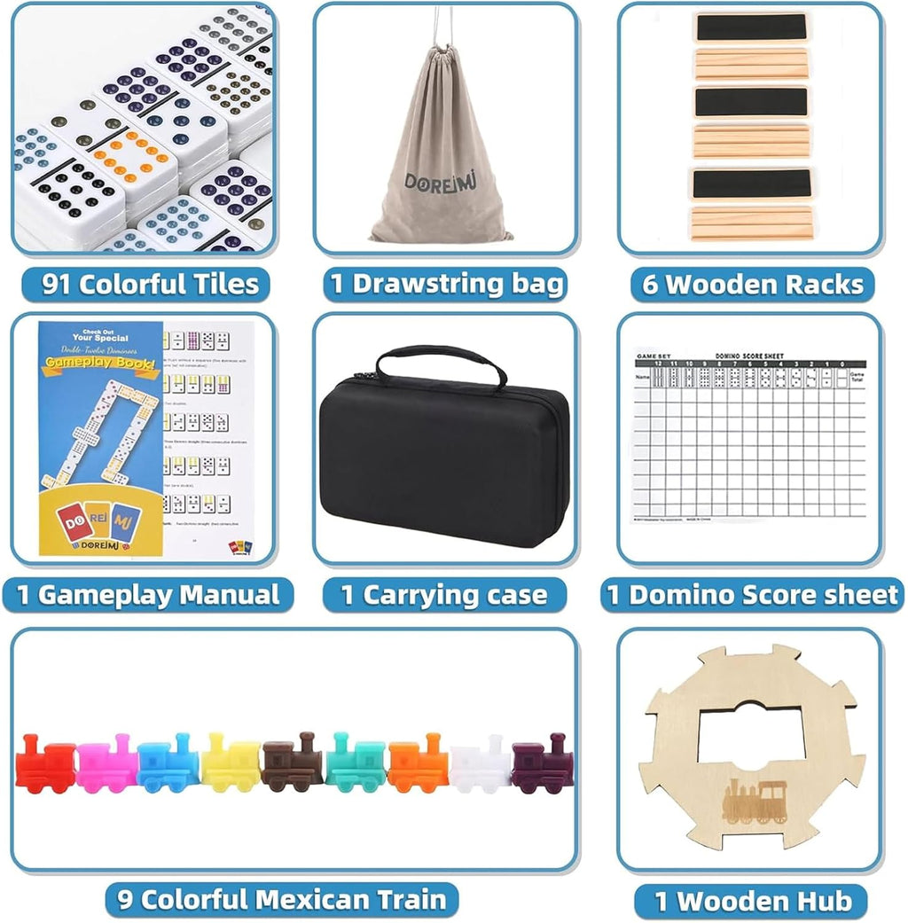 Mexican Train Dominoes Set with 6 Wooden Holders, Double 12 Colored Dot Dominoes with Update Hub, Travel Train Game with 91 Tiles and Portable Carry Case, Family Board Team Games