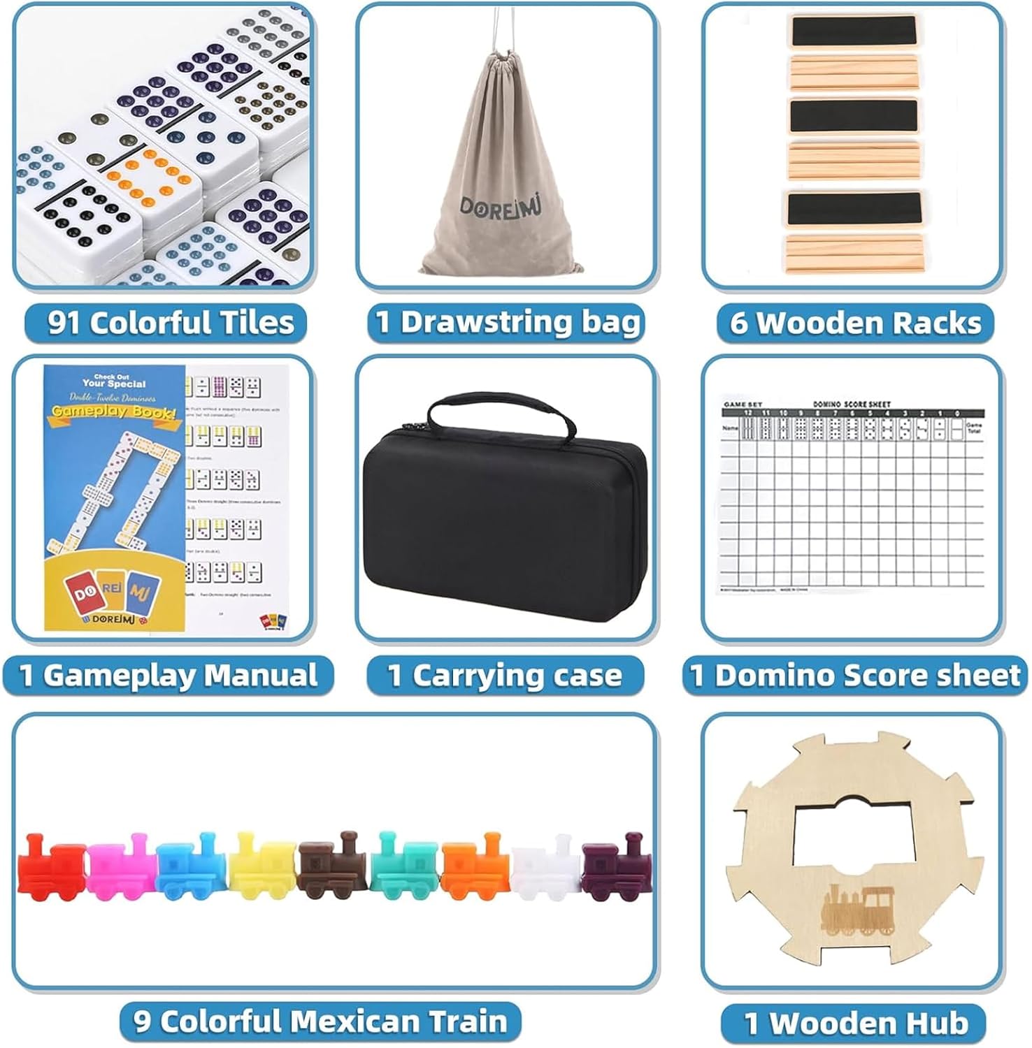 Mexican Train Dominoes Set with 6 Wooden Holders, Double 12 Colored Dot Dominoes with Update Hub, Travel Train Game with 91 Tiles and Portable Carry Case, Family Board Team Games