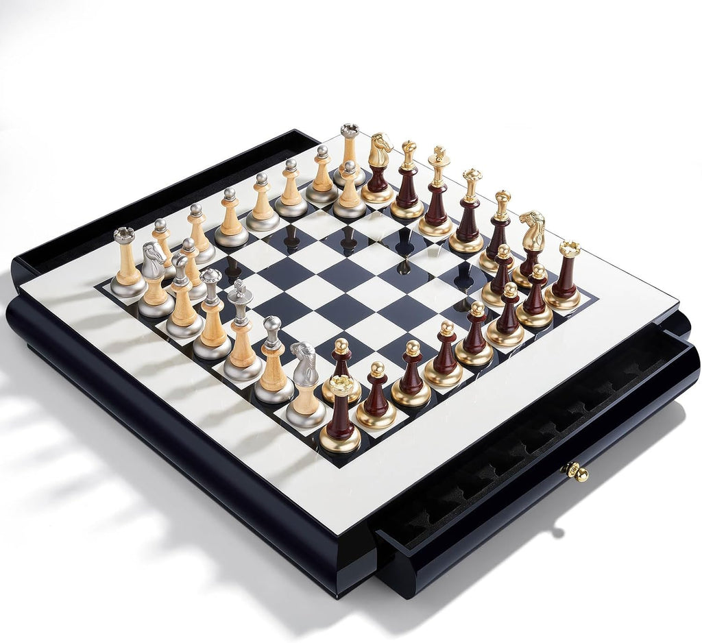 AMEROUS 16 Inches Wooden Chess Set, Large Size Board with 2 Built-in Storage Drawers - 2 Extra Queens - Metallic & Wooden Chess Pieces - Gift Packaging, Board Games for Adults and Kids