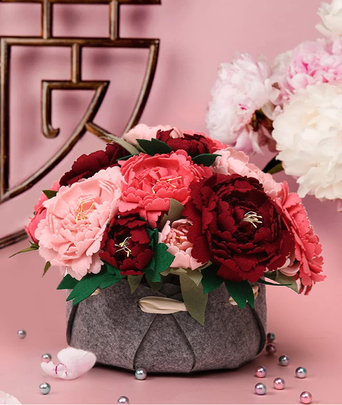 BAZIMA DIY Felt Flower Art Craft Kit, DIY Felt Peony Pot Bonsai Kit,18 Peonies,Floral Gifts