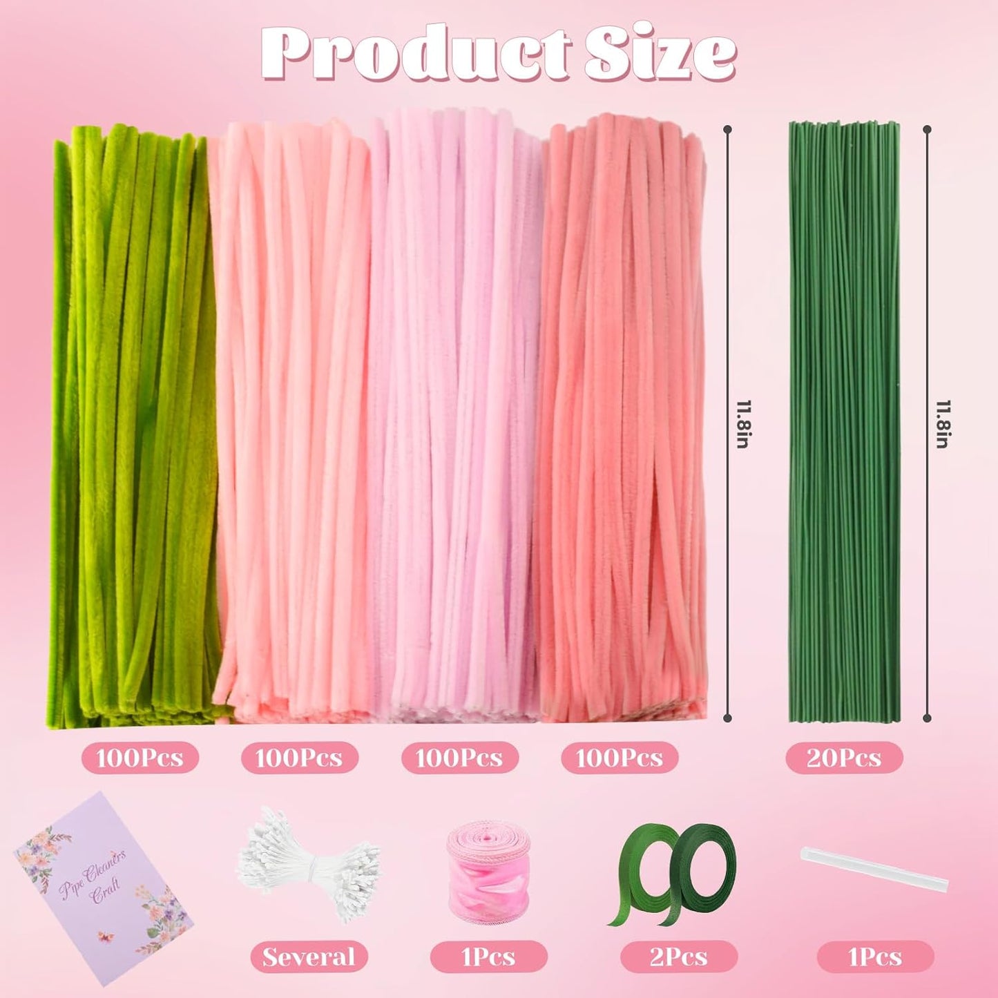 400 Pcs Pipe Cleaners Craft Set, 4 Assorted Pink Pipe Cleaners Bulk, Chenille Stems for DIY Flower Making Kit with Floral Stems, Gardening Tape, Stamen, Ribbon for DIY Bouquet Gift (Pink)