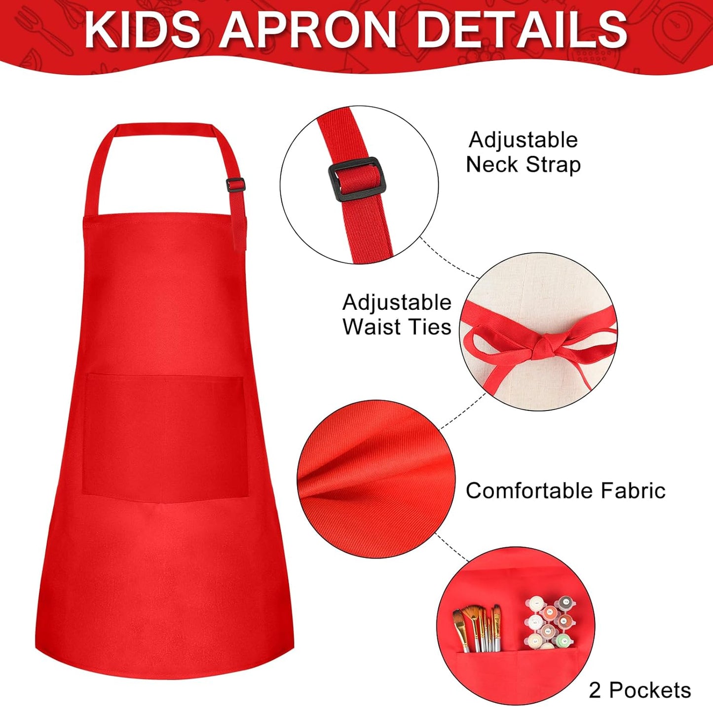 PLULON 4 Pcs Aprons for Kids Adjustable Kids Red Apron Bulk with Pocket Painting Aprons For Boys Girls Painting Cooking Baking (Red)