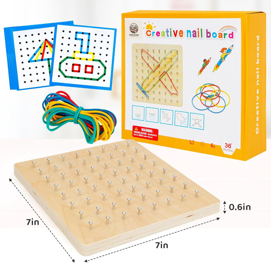 2Pack Wooden Geoboard,Montessori Toy,Graphical Mathematical Education Toy for Kids with Pattern Cards and Rubber Bands to Figures and Shapes, Brain Teaser STEM Toy Geo Board.