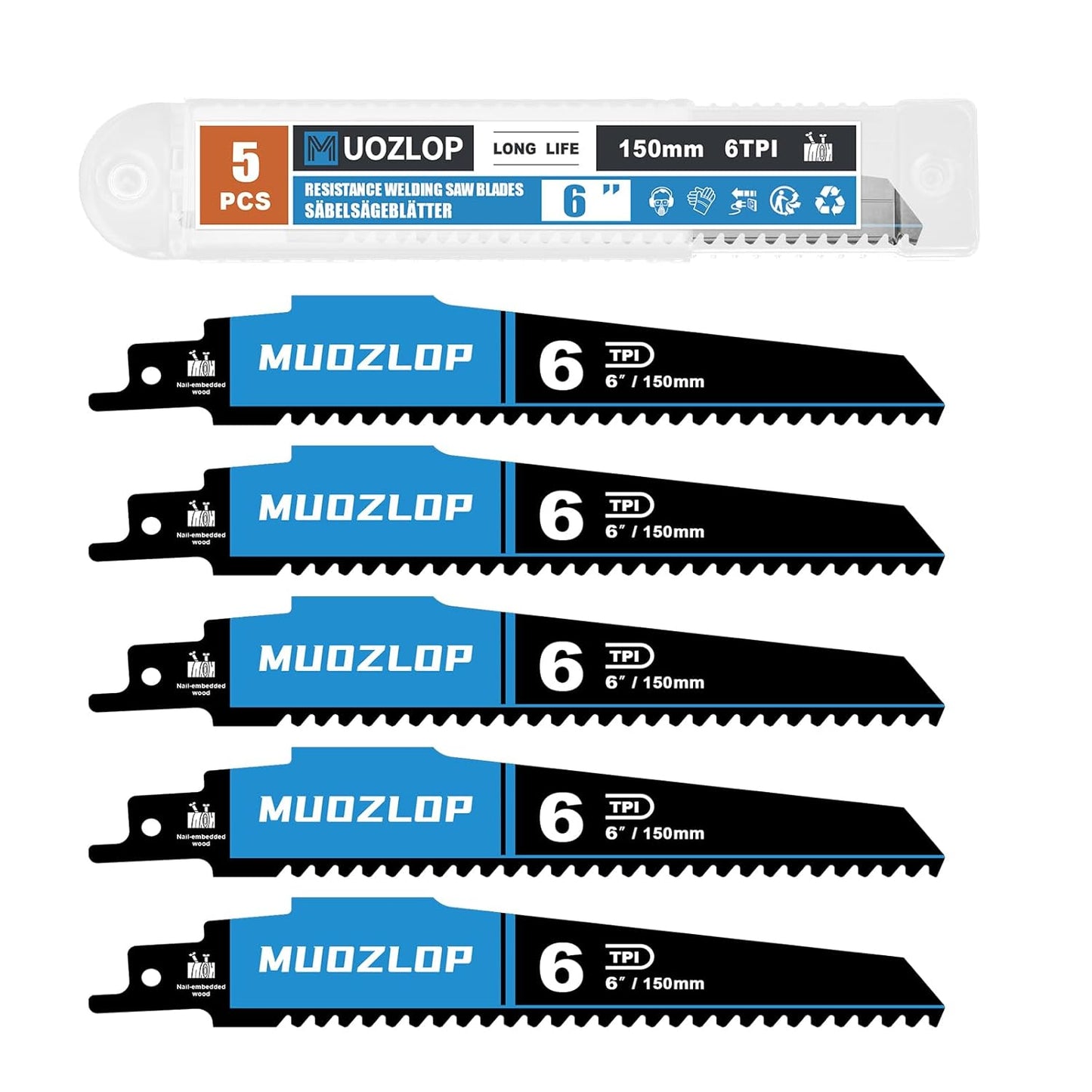 5 Pack 6 inch Reciprocating Saw Blades Set，6 TPI High Carbon Saw Blades for Wood with Nails ，Saw Blades with Organizer Case (5, 6T/6inch)
