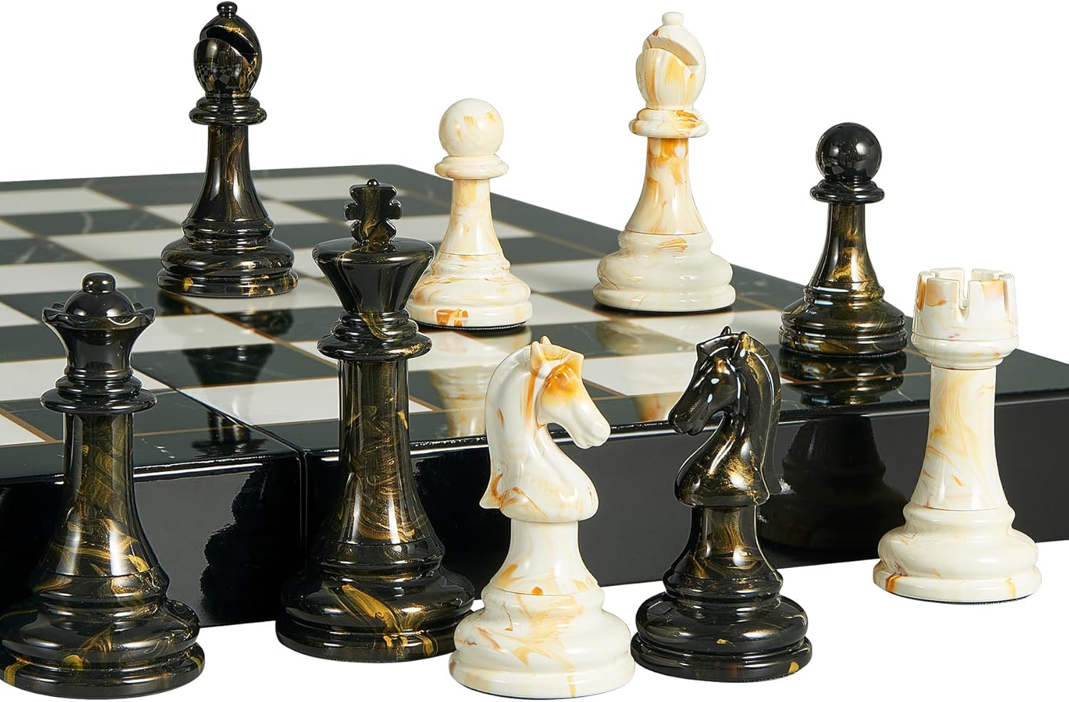 15" Large Chess Set for Adults- Weighted Acrylic Pieces Including Extra 2 Queens, 3.5" King w/Leather Base, Portable Folding Marbling Wooden Chess Board - Travel/Family Game & Elegant Gift