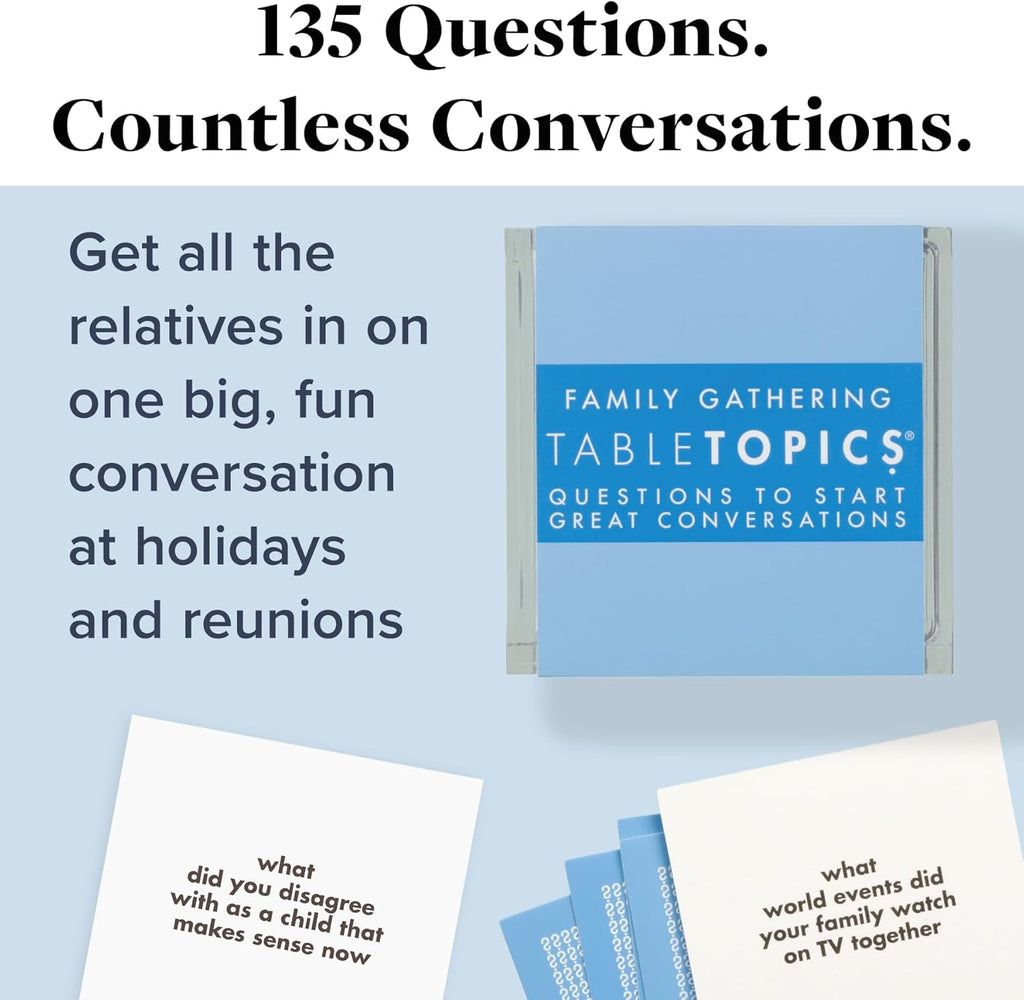 TableTopics Family Gathering Conversation Cards for Multi-Generational Get Togethers with 135 Questions to Use with Relatives at Reunions, Holidays, & Other Events