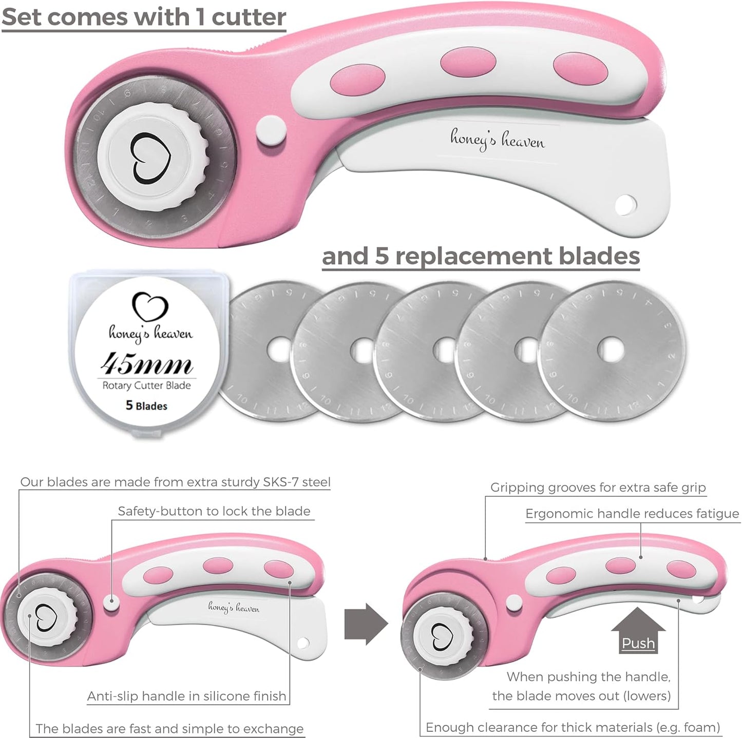 Rotary Cutter Set pink - Quilting Kit incl. 45mm Rotary Cutter, 5 Replacement Blades, A2 Cutting Mat, Acrylic Ruler and Craft Clips - Ideal for Crafting, Sewing, Patchworking, Crochet & Knitting