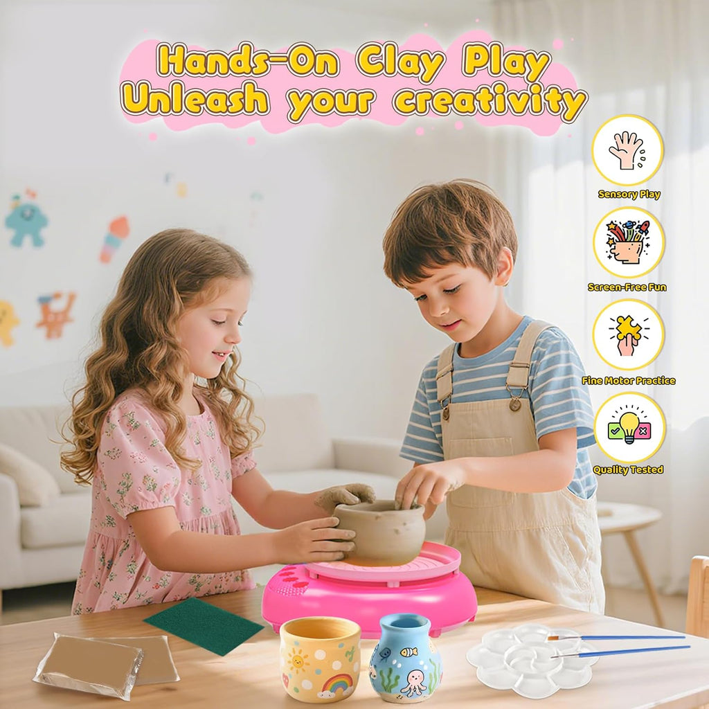 Pottery Wheel for Kids– Complete DIY Pottery Painting Kit for Ages 8-12 Beginners with 4 Air-Dry Clay Packs and Tools, Arts & Crafts Supplies Toys Birthday Gift for Boys Girls 6+ Years Old (Pink)