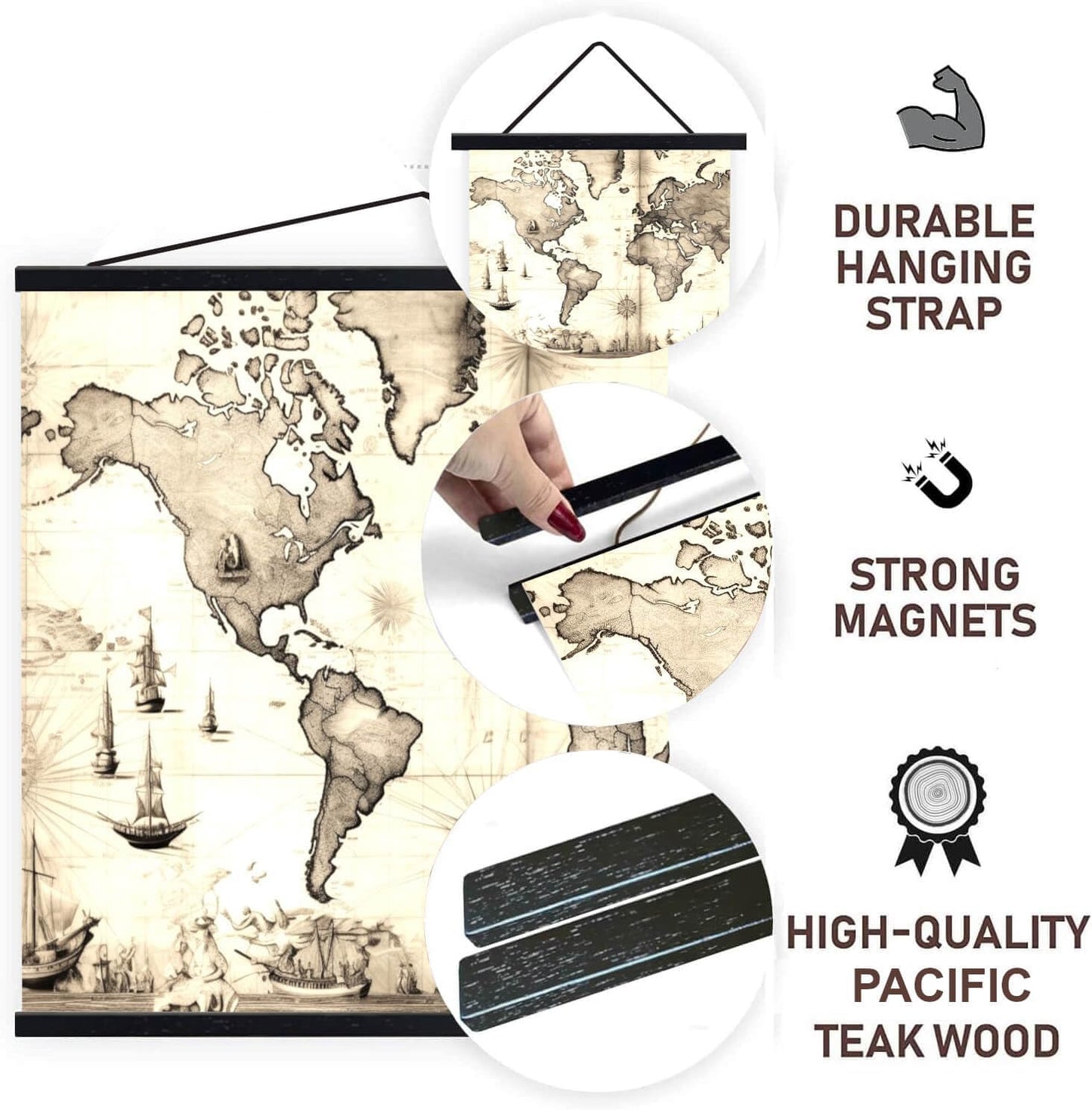 DACRI HOME 54" Magnetic Poster Hanger Frame - Sturdy Teak Wood Poster Frame 54x30 54x36 54x38, Strong Magnets for Easy Hanging Map Picture Canvas Print Scroll Wall Art (54 Inch, Black)