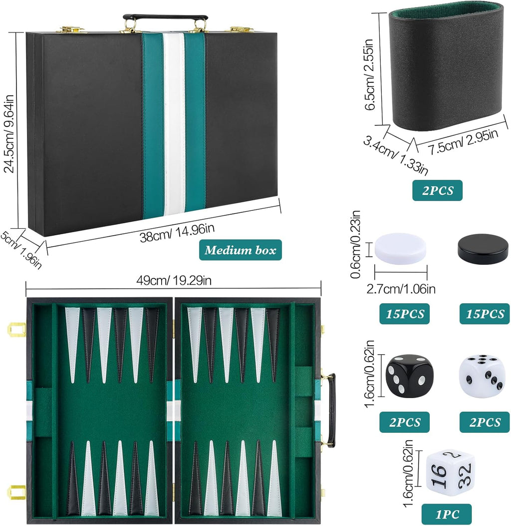 Backgammon Set 2 Players Classic Backgammon Sets for Adults Board Game with Black PU Leather Case Portable and Travel Backgammon Set (Green, 15inch)