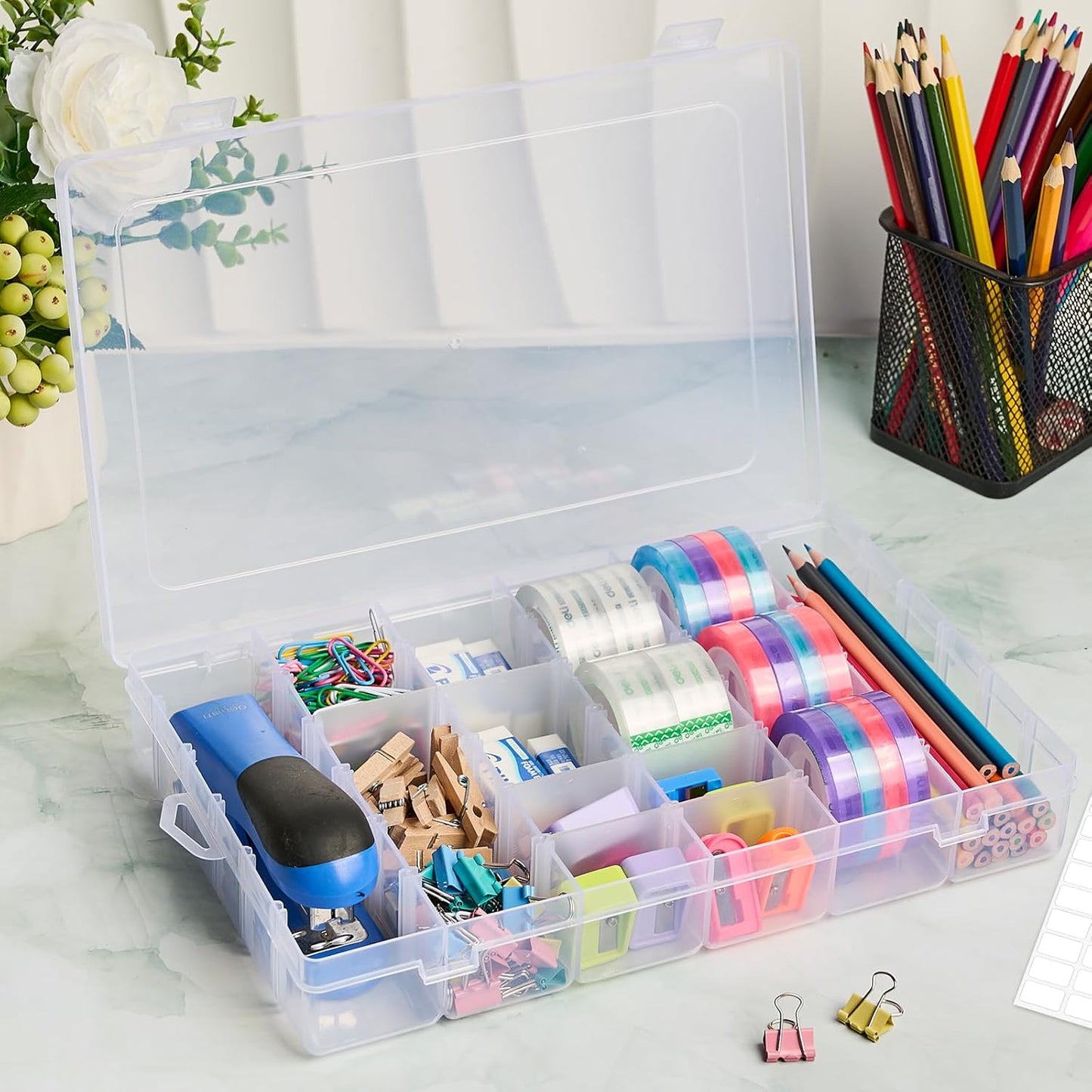 18 Grids Large Plastic Organizer Box with Adjustable Dividers, Clear Compartment Storage Container Tackle Box with Label Stickers for Beads, Crafts, Jewelries, Tools