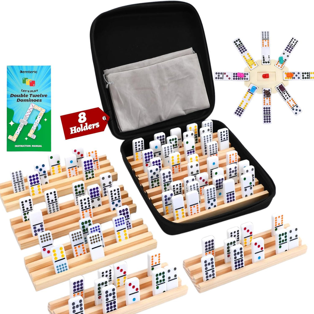 Mexican Train Dominoes Set Double 12 Colored Dot Dominos with 8 Wooden Racks & 91 Tiles Portable Travel Case Classic Family Board Game Cognitive Strategy Game for Adults Kids