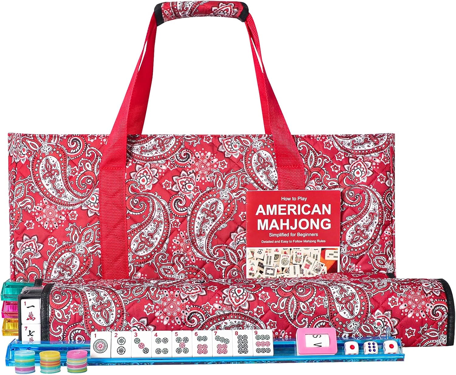American Mahjong Game Set, 166 White Tiles, 4 All-in-One Color Rack/Pushers, Complete Mahjong Tile Set Red Printed Carrying Bag