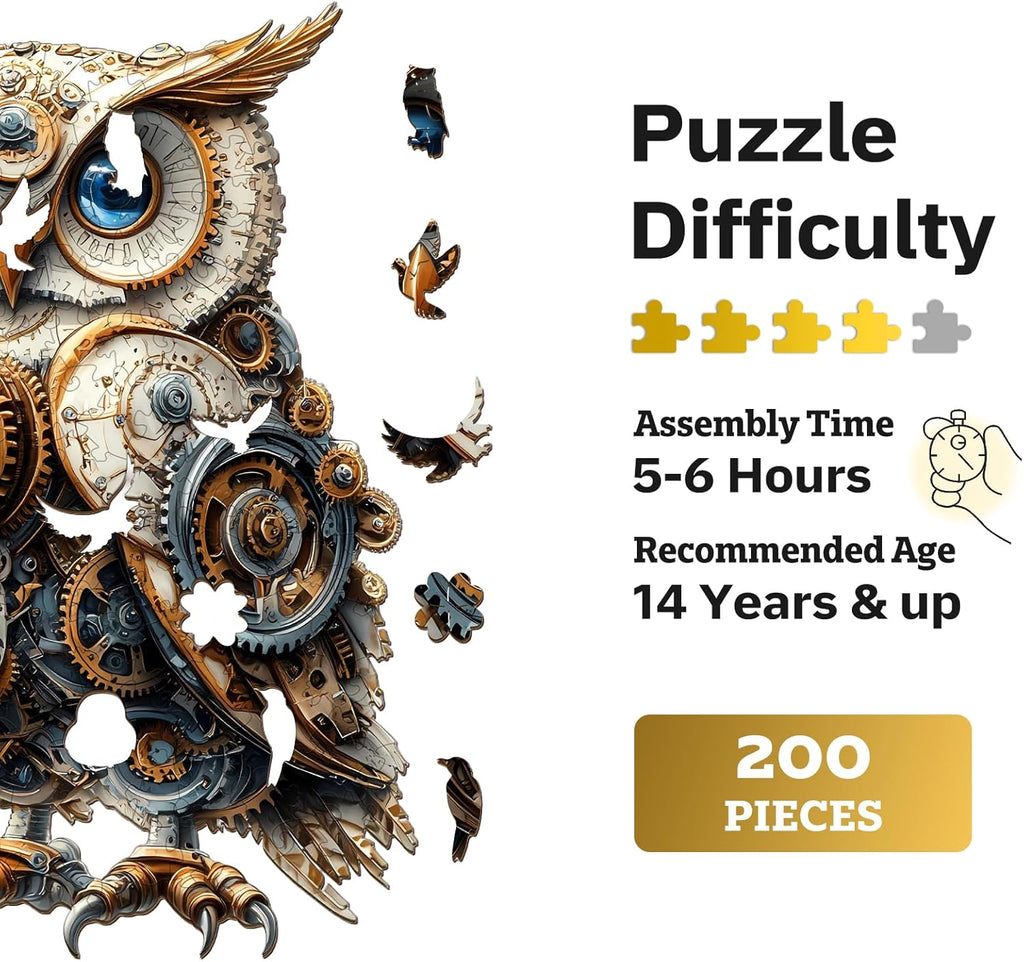 Jigfoxy Wooden Puzzles for Adults, Mechanical Owl Wood Puzzles Adult, Unique Animal Shape Wooden Jigsaw Puzzles for Adults, Birthday Gifts for Puzzle Lovers, Family(L-13.4 * 9.1in-200pcs)