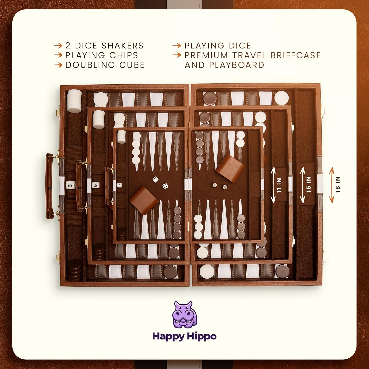 Backgammon Board Game, Deluxe Leather Like Case, Felt Interior, Brown, Classic Backgammon Game, Popular Board Game, Board Games (Small (11"))