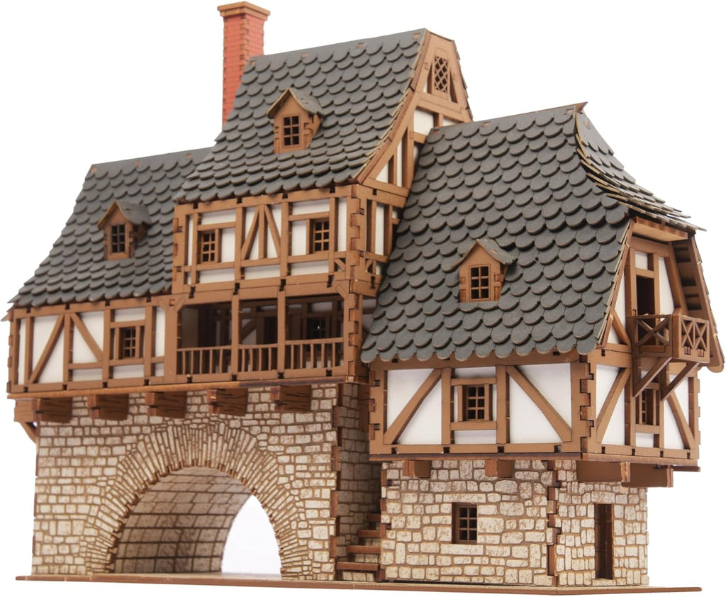 Fawlty Manor (Pro Texture) - Bridge Dwelling - Medieval Tavern - Medieval Europe Series - 3D Puzzle - Architectural Model Kit - DIY - 28mm Scale – 465 Pieces – Ages 15 Years and Above