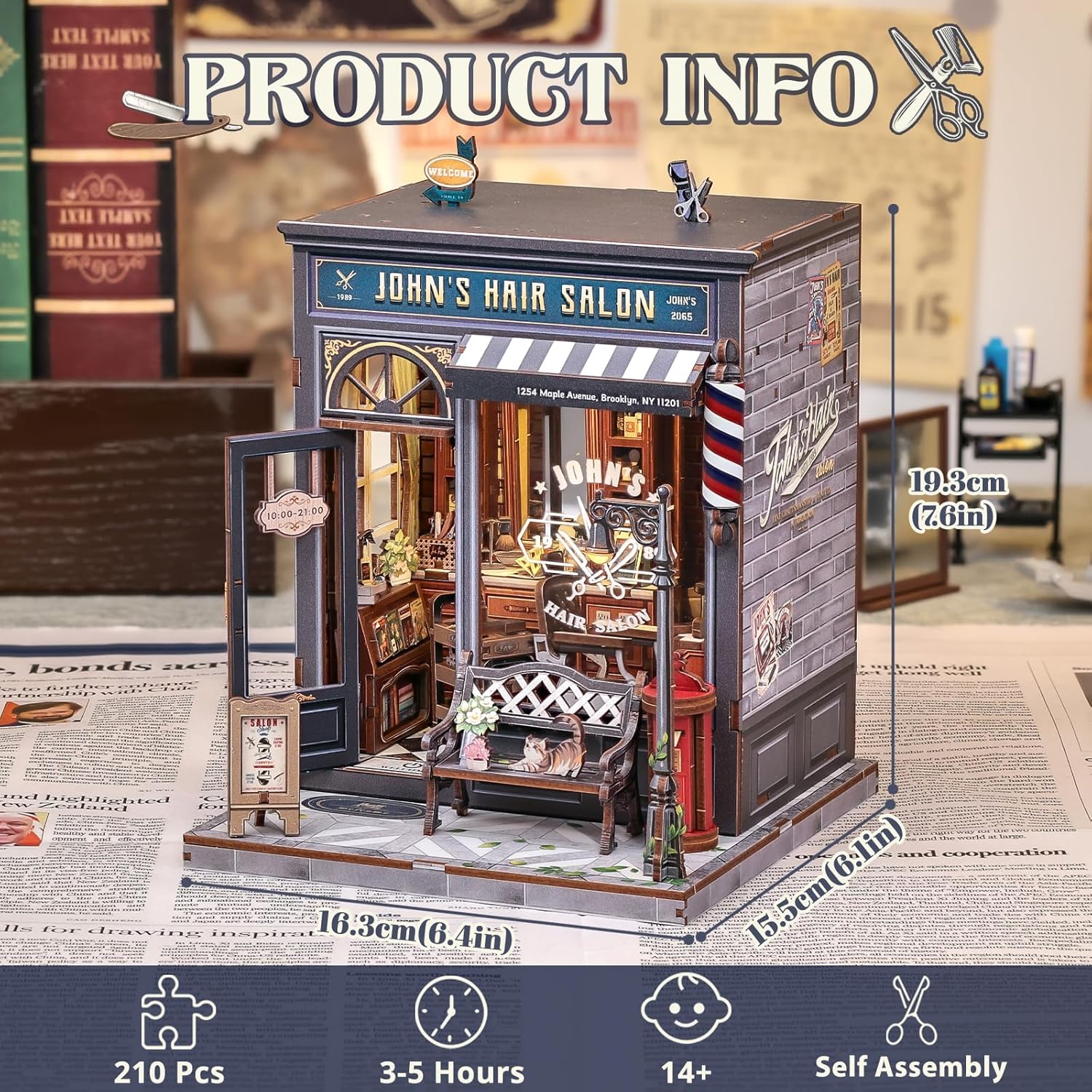 Cutefun Book Nook Kit - DIY Miniature Dollhouse Kit for Adults and Teens, Barbershop Mini House Building Kit with LED Bookshelf Insert Decor Creative Gifts (John's Hair Salon)