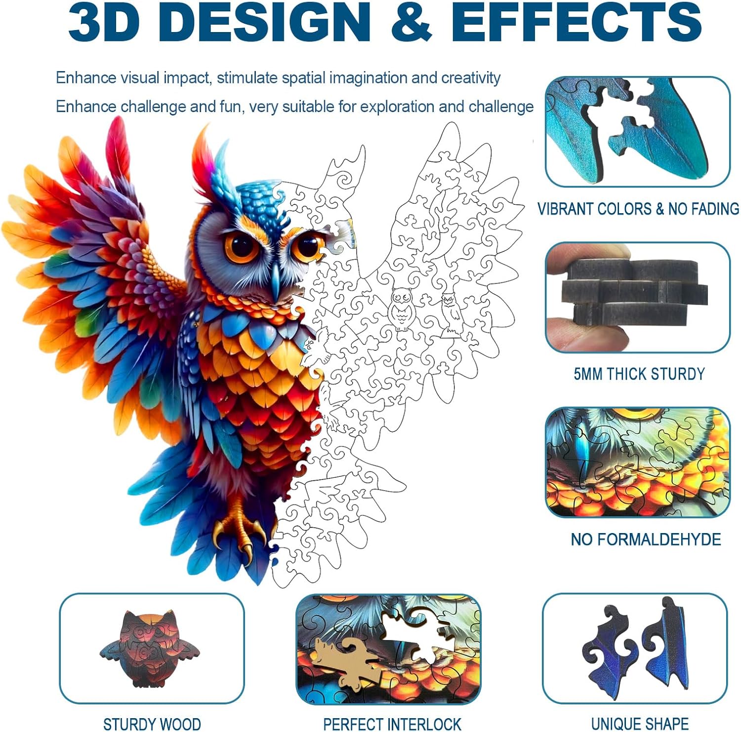 Wooden Jigsaw Puzzles for Adults and Kids, Rainbow Owl 200 Piece Unique Shaped Puzzle, Family Game and Creative Wooden Puzzle Gift, Wall Art Decor