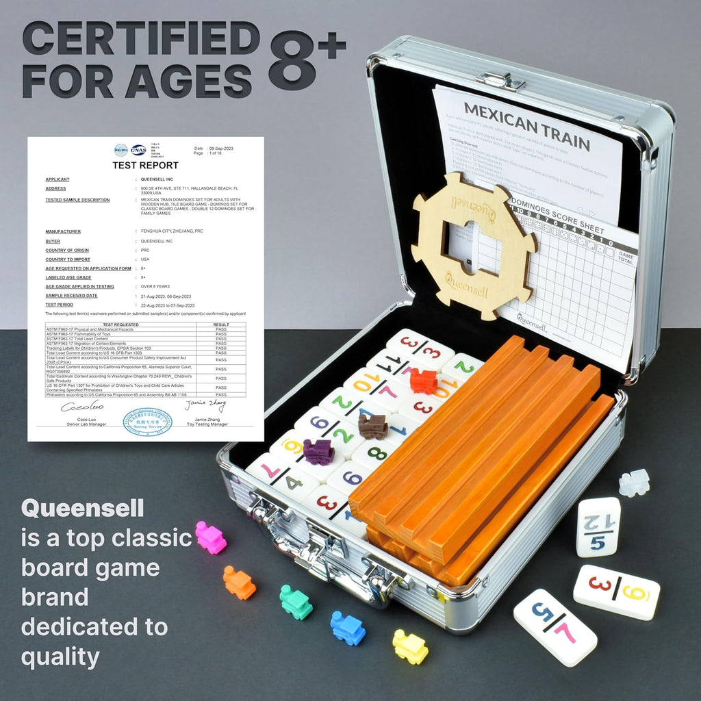 Queensell Mexican Train Dominoes Set with Numbers and 4 Holders - Wooden Hub and Domino Holders - Double 12 with Numbers (D12 Numbers + 4 Holders)