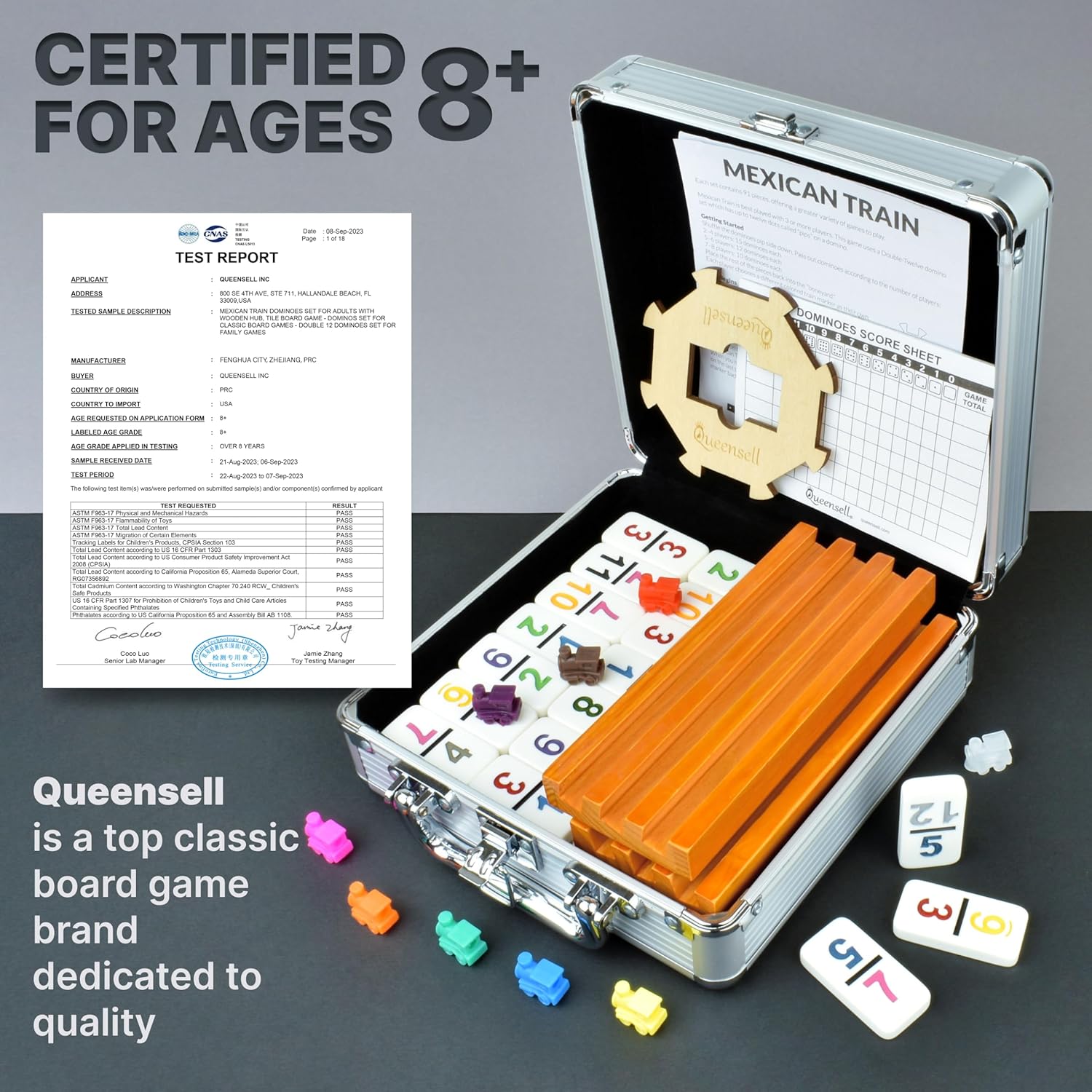 Queensell Mexican Train Dominoes Set with Numbers and 4 Holders - Wooden Hub and Domino Holders - Double 12 with Numbers (D12 Numbers + 4 Holders)