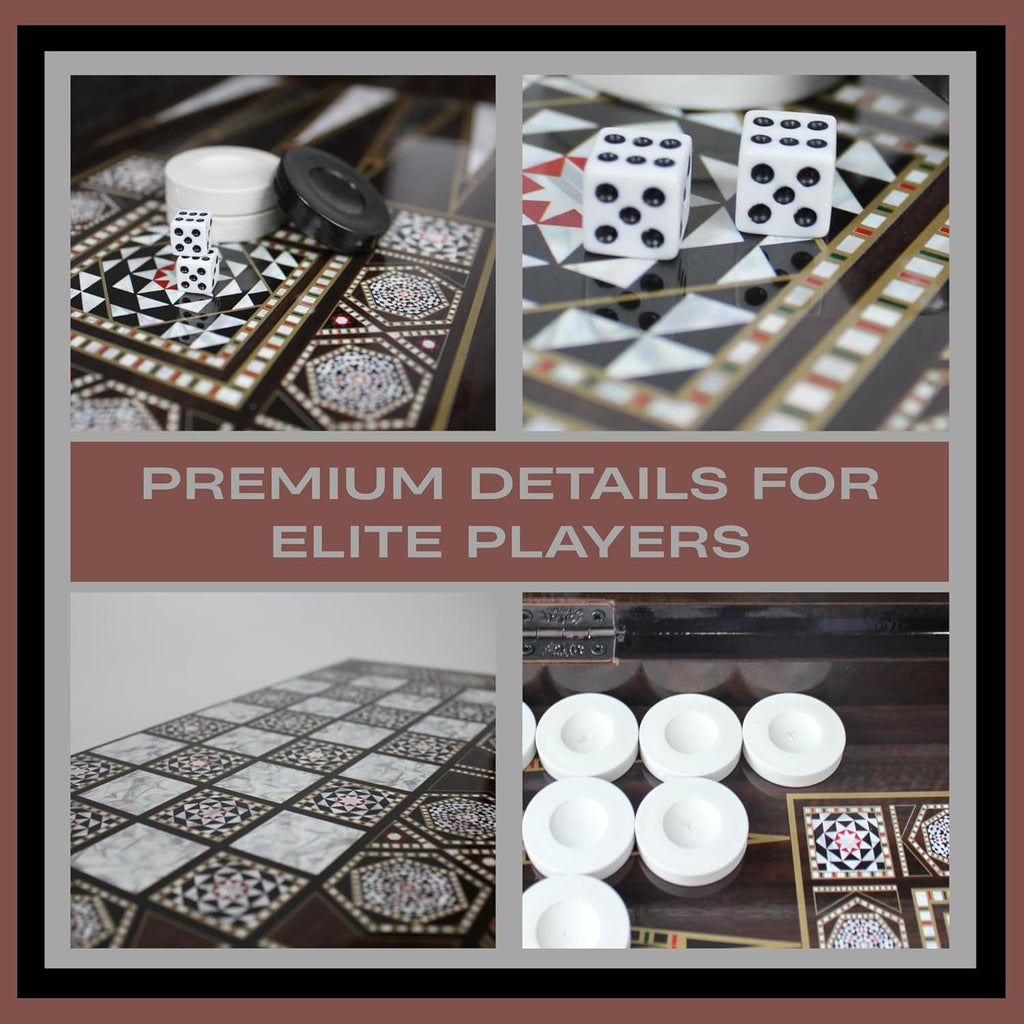 Park Oz Pearl Premium Turkish Backgammon and Checkers Set 19 Inch Handmade 2 in 1 Wooden Board Game with Glossy Finish Luxury Checkers and Dice Travel Friendly and Foldable