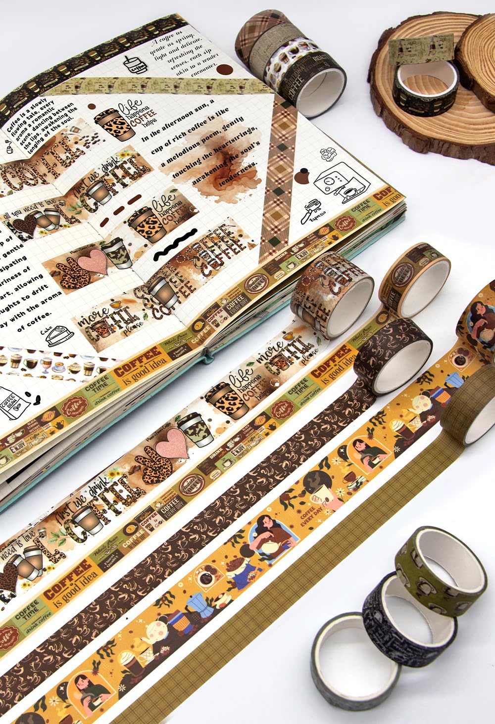 Coffee Themed Washi Tape Set, 14 Rolls Vintage Crafts Tape, Art Decorative Tape for Scrapbooking Supplies, Junk Journal, Bullet Journaling, Vision Board Supplies