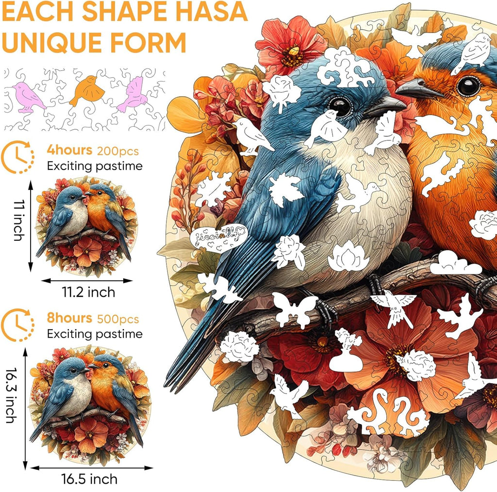 Wooden Jigsaw Puzzles -Twin Birds Wooden Puzzles for Adults, 200 Pcs Size 11.3'' x 11'', Luxurious Shaped Wood Puzzle, Beautiful Package, Best Gift for Adults, Family Game
