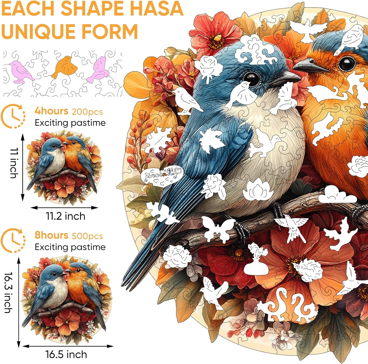 Wooden Jigsaw Puzzles -Twin Birds Wooden Puzzles for Adults, 200 Pcs Size 11.3'' x 11'', Luxurious Shaped Wood Puzzle, Beautiful Package, Best Gift for Adults, Family Game