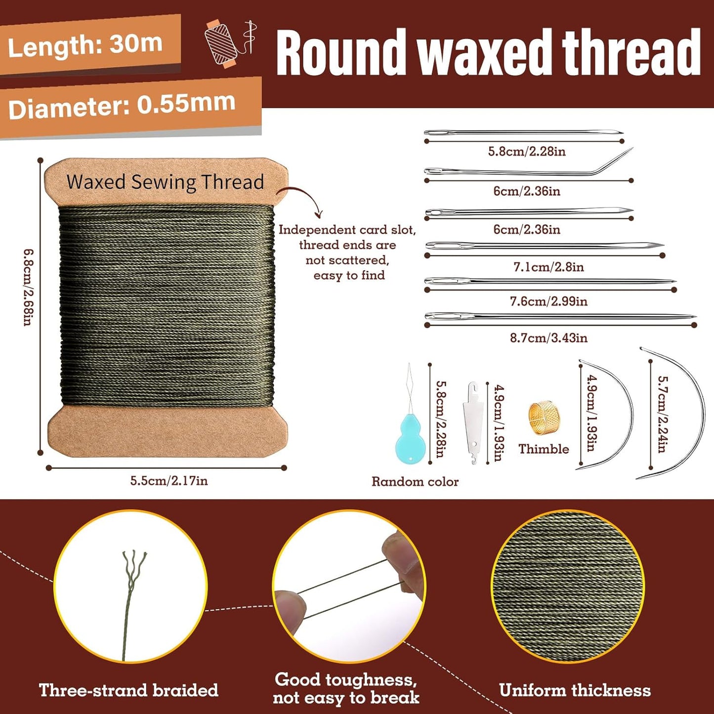 Repair Sewing Kit, Upholstery Needle with 32 Yard Waxed Thread and 8 Pcs Heavy Duty Leather Needles for Hand Stitching, Canvas & Quilting - 0.55mm Round Waxed Thread Army Green